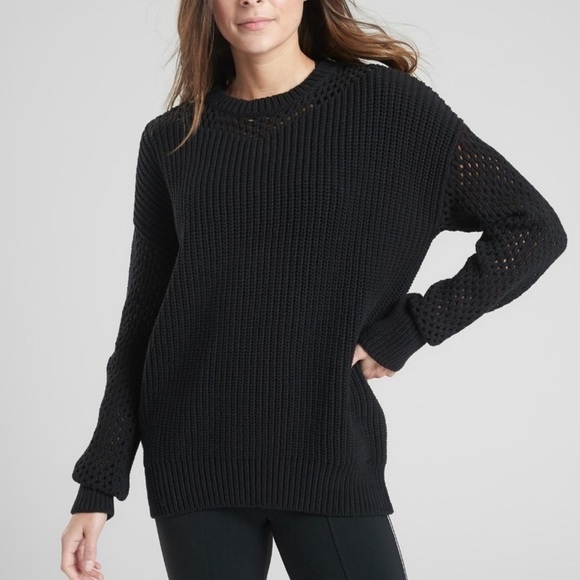 ATHLETA  Black Knit Yogi Mesh Volume Sleeve Sweater in Small - Picture 1 of 15